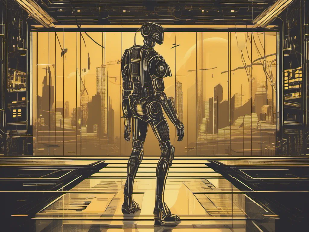 Ilustración editorial con siluetas teatrales de robots y cortinas, luz cálida de pradera
